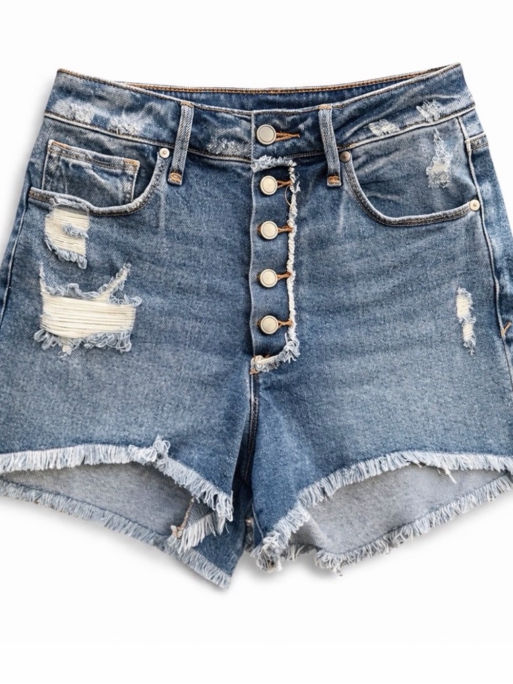 Good American Distressed Blue High-Rise Jean Shorts